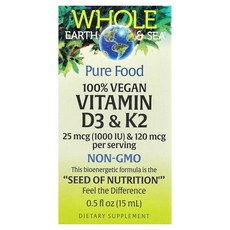 Natural Factors Whole Earth Sea® 100% 비건 비타민D3 & K2 15ml(0.5fl oz), 1개, 15ml