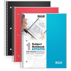 던웰 그래프 종이 노트북 8.5 x 11 블랙 플라스틱 커버 100매 1주제 4x4 규칙 나선형 1 4 격자 주머니가 있는 내구성 폴리 디바이더, Assorted_3 Pack