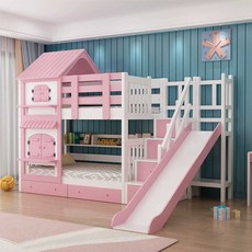 위드제이 미끄럼틀침대 미끄럼틀 침대 다기능 원목 아동 베드, 150x200 핑크 (사다리 + 미끄럼틀)