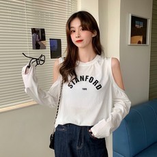여성 오프숄더 긴팔 티 2021 이른 봄 세련된 복고풍 홍콩 대학 스타일 오프 숄더 디