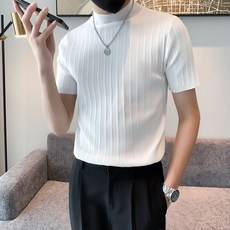 AOKADA 남성 반목 니트 반팔 반폴라 스트라이프 슬림 머슬핏 솔리드 반팔티 오피스록 비즈니스 셔츠