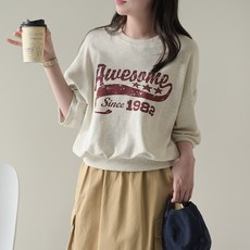 데일리앤 니노 여성 빈티지 레터링 루즈핏 반팔 쭈리 맨투맨 티셔츠 봄 가을 일리앤 니노 여성 빈티지 레터링 루즈핏 반팔 쭈리 맨투맨 티셔츠 봄 가을