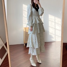 [시크블랙] 츄이스 도트 프릴 캉캉 스트링 원피스 가을 겨울 원피스 백지퍼 캉캉롱원피스 볼륨 페플럼 머메이드 유니크 롱 맥시