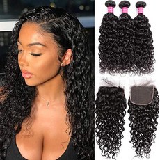 Jolanly 브라질 워터 웨이브 번들 (클로저 포함) Virgin Human Hair Wet and Wavy 3 개 번들 (레이스 클로, Bundles with Closure_101214+1, Bundles with Closure, 상세 설명 참조0