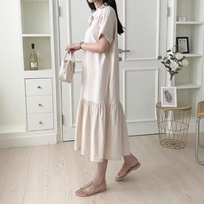 셋씨노 주름디테일 카라넥 린넨라이크 원피스 숏슬리브 여성 썸머 플레어