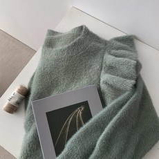 여자 프릴 라운드넥 보카시 니트 날개 티셔츠