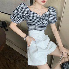 고방 체크 블라우스 퍼프 스모크 오프숄더 스퀘어넥