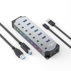 3.0 USB 허브 Beauif 7포트 RGB 14가지 색상 LED 스트립 3가지 동적 모드 독립 버튼 스위치 PC 및 노트북용 알루미늄 게이밍, 1개