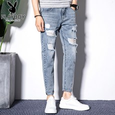 레이몰 디스트로이드청바지 구멍청바지 찢청팬츠 알프스프라자축하화환 붉은 소매 수유 여름 얇은 타입 남성 슬림 스키니 9부바지