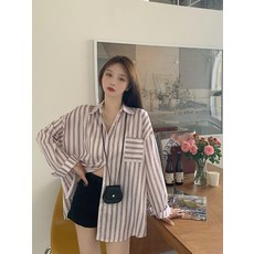 KORELAN핑크 스트라이프 셔츠 재킷 봄과 가을 새로운 여름 패션 홍콩 스타일 셔츠 여성 유럽 상품 트렌드 유럽 역