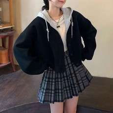 여성 숏 크롭 레이어드 후드 집업 가디건 자켓