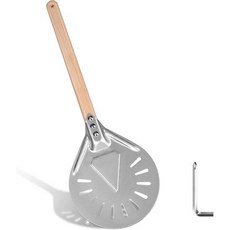 VIKEWE 피자삽 화덕 뒤집개 삽 터닝 피자 필 홈메이드 빵 제빵기용 15.6인치 나무 손잡이가 있는 8인치 원형 알루미늄 금속 논 타공 패들 Q1278871, 1개