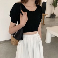 마이현 벌룬소매니트 솔리드 무지 숏 배꼽티셔츠 여성 원 기감 반팔 얇은 스쿱넥 상의 TEE 슬림