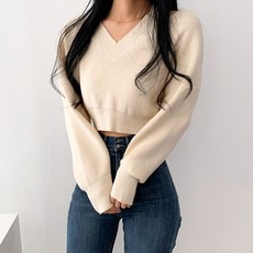 크롭 어깨 트임 초커 브이넥 니트