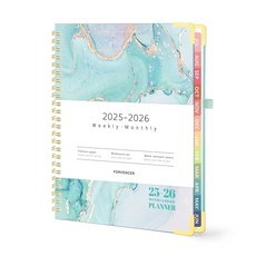 Forvencer 아카데믹 플래너 2025-2026 하드커버 주간 및 월간 캘린더 플래너 2025년 7월 - 2026년 6월 15.2 x 20.3cm(6 8인치) 탭이, 청록색 대리석