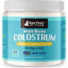 Raw Paws 고양이 파우더 반려견 알레르기 면역 지원을 위한 원시 발 반려동물 소 초유 5온스 미국산 고양이용 순수 분말 개 일일 보충제 강아지 Q1705377, 1개, 142g