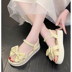 여름 여성 베이지 진주 스트랩 통굽 샌들 옐로우 섹시 캐주얼 나비 마감 비치 슬리퍼