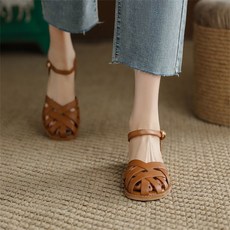 besteffie 스트랩 샌들 중년여성 발볼 편한 중년 여름 신발 가죽 샌들 미끄럼 방지 통굽 스트랩 샌들 E88