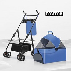 POMTOR 펫카트 접이식 개모차 아웃도어 강아지 고양이 애완 유모차, 블루, 1개
