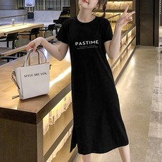 스타일아유 기본 레터링 찰랑 롱티셔츠 캐쥬얼 홈웨어 라운드 반팔원피스