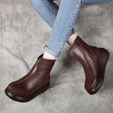 도오빠 뷰웬바 여성 소가죽 부츠 부티 5CM 키높이 통굽 미들힐 천연 가죽 발목 브라운 여자부츠 봄 가을 중년 신발