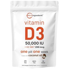 Micro Ingredients 비타민 D3 50 000 IU 플러스 K2 (MK-7) 200mcg 소프트젤 240개, 240정, 1개