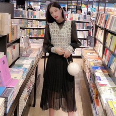 가을 여성 쉬폰 긴팔 트위드 롱 원피스 조기 세트 투피스