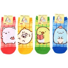 구석 등 해 여성 양말 4 무늬 세트 (おべんきょう 백곰 핑크 고양이 오렌지 펭귄? 그린 도마뱀 블루)