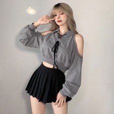 Deeptown-Y2K 빈티지 그레이 크롭 후드 여성 하라주쿠 섹시한 오프 숄더 스웨터 루즈한 캐주얼 폴로 칼라 탑스 고딕 Kpop