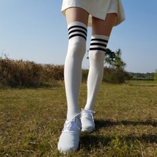 여자 골프 스트라이프 삼선 롱 오버니삭스 양말, 화이트