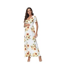 JustVH Maternity Elegant Fitted Maternity Gown Long Sleeve Cross-Front V Neck Slim Fit Maxi Photogra
