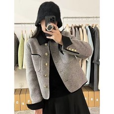 POMTOR여성 골드 버튼 트위드 자켓 베이직 기질 쇼트자켓 여성 하객룩