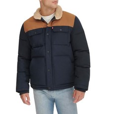 Levi's 남성용 Woodsman 셰르파 칼라 푸퍼 재킷 (레귤러 및 빅 & 톨 사이즈) 네이비/워커 브라운
