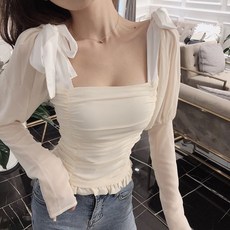 퐁순싸롱 스퀘어넥 리본 퍼프 쉬폰 섹시 크롭 블라우스 SY