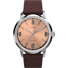 타이맥스 남성용 Marlin 오토매틱 40mm 시계 브라운 스트랩 핑크 다이얼 스테인리스 스틸 케이스 브라운핑크스테인리스