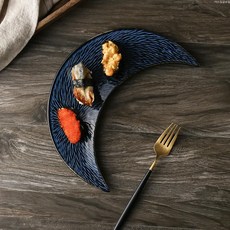 해외직구 초승달 모형 고급 회집 스시 일식 카페 플레이팅 접시, 블루 달모양, 1개