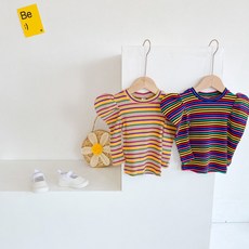 수량 유아 아동 여아 가을 어깨뽕 벌룬 퍼프 골지 레인보우 긴팔 니트 티셔츠 2color