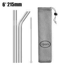 UPORS금속 빨대 215x6mm 실리콘 유지 보수 팁 친환경 스테인리스 스틸 빨대 재사용 가능한 빨대 브러쉬 파우치, 03 Silver with bag
