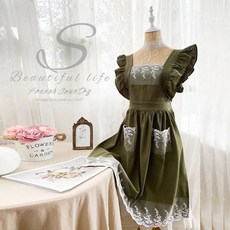 여성 레이스 프릴 앞치마 주방 코튼 린넨 원피스 가든 카페 요리 스트 궁전 스타일 빈티지 패션, One size fits all, Black, 1개