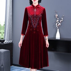 기모원피스 경사시어머니 결혼잔치 럭셔리 여성원피스 중년 어머니 기모 웨딩 예복스커트 우아한느낌 골드벨벳 개량 치파오스커트