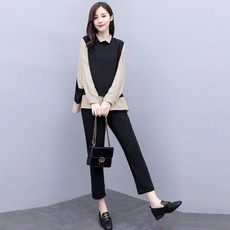 케이디 trading 가을투피스 SUIT 멜란 인형 셔츠 와이드 루즈핏 배가리기 스타일리쉬 커버