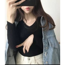 브이 네크라인 긴팔 슬림 블라우스, 평균, 검정색