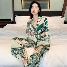 동물잠옷 여성용 빈티지 달러 프린트 잠옷 아이스 실크 편안한 홈웨어 잠옷 라운지 사이즈 가을 셔츠 세트