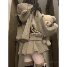 양털 후드 트레이닝 스커트 투피스 세트 여성용 두꺼운 재킷 하이웨스트 반바지