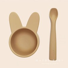 메이비베이비 아기 이유식 용기 스푼세트 아기식판 실리콘 그릇, 토끼, 꽃모양매트(아이보리), 옐로우, 1개