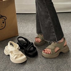 캐주얼 여성용 웨지힐 스트랩 키높이 통굽 샌들 뒤 밴딩