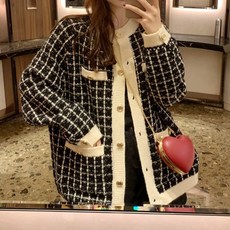 배색 니트 루즈핏 체크 트위드 가디건 가을 겨울