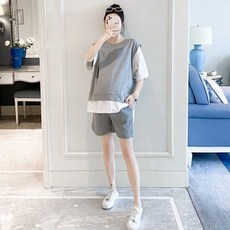 임산부 여름 세트 캐주얼 반팔 상의 + 와이드 반바지 상하 투피스 루즈핏 임부복 기질 임부 투세트