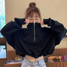 여성용 하라주쿠 케이팝 후드티 스트릿 스타일 지퍼 크롭탑 심플 탄성 허리