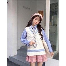 NANJINXIU 왕 홍 춘추 장 2020 여신 세트 여자 한국 판 학생 니 트 조끼 셔츠 패션 투피스 블 루 (넥타이 선물) S